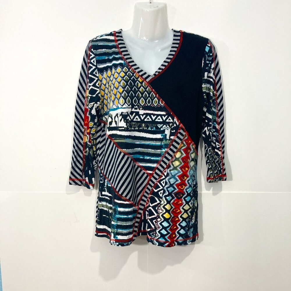 Lior Paris Blouse Top Shirt Multicolor 3/4 Sleeve Pullover Artsy V neck Rayon M